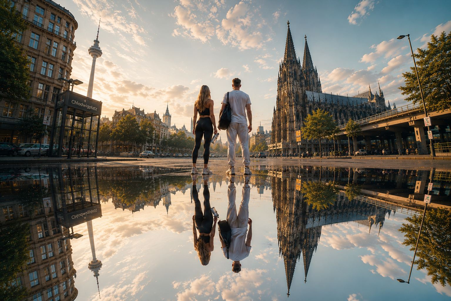 Köln mit Dom und Colonius in einer surrealen Spiegelung; im Zentrum Denise und Henning.